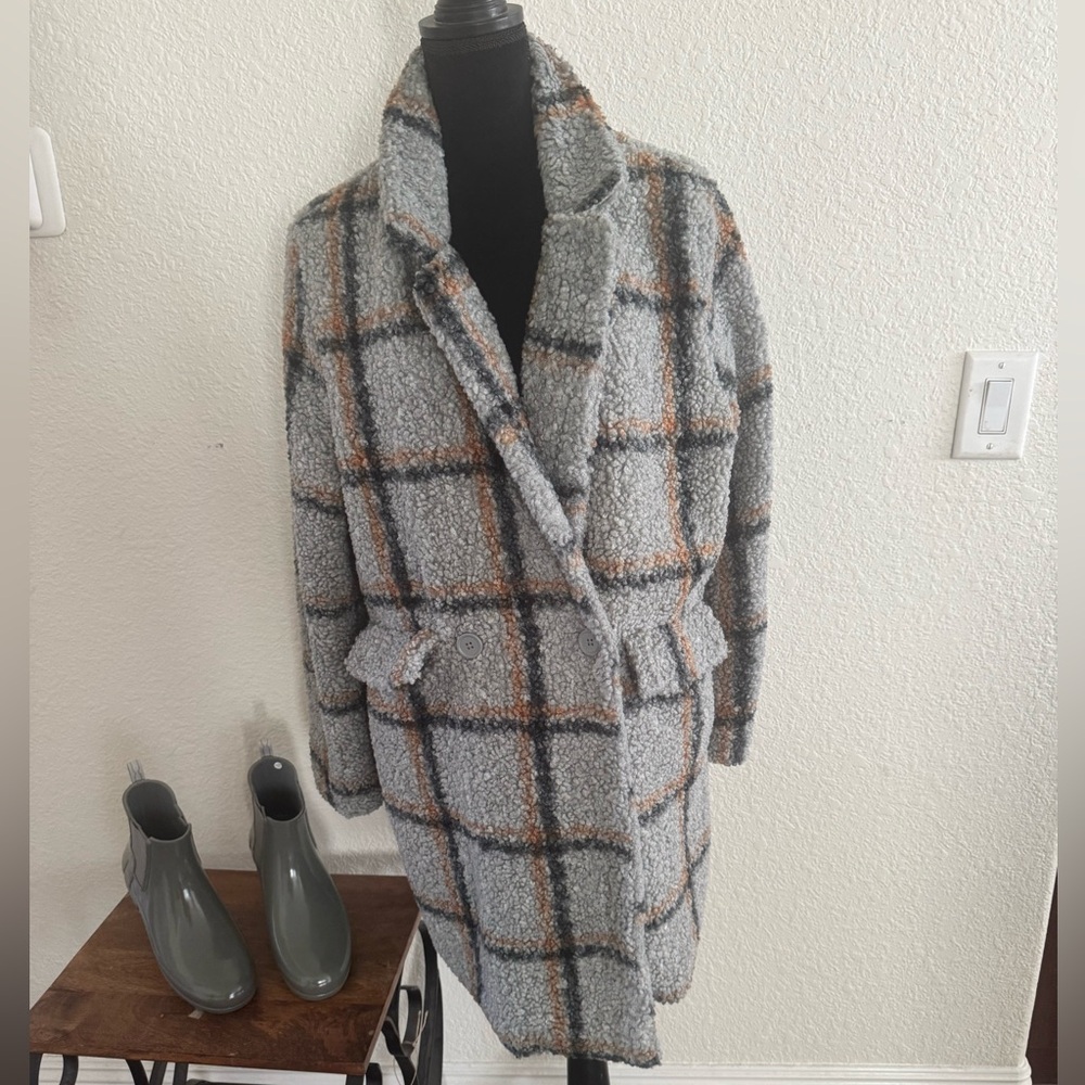 Stoosh Plaid Teddy Longline Sherpa Jacket Size Large